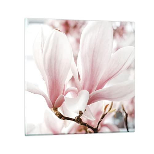 Bilder auf Glas 40x40cm Glasbild Zweig Magnolie Blume Klein Wanddeko Bild im Glas Schlafzimmer Küche Deko Wandbilder Dekoration Wohnzimmer Modern Wall Decor Glasdruck Wand Kunstdruck Art GAC40x40-4538 von ARTTOR