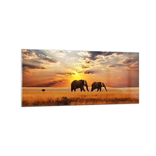 Wandbilder Dekoration Wohnzimmer Elefanten Safari Dschungel Busch Panorama Bilder auf Glas 120x50cm Glasbild Schlafzimmer Küche Wand Kunstdruck Art Groß Wanddeko Bild im Glas Modern GAB120x50-3150 von ARTTOR