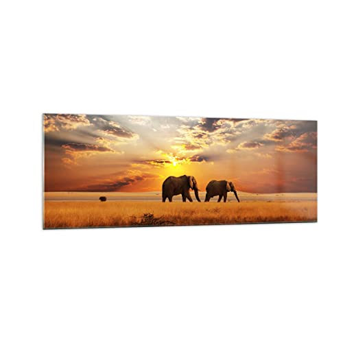 Panorama Bilder auf Glas Elefanten Safari Dschungel Busch Glasbild 140x50cm Wandbilder Dekoration Wohnzimmer Schlafzimmer Küche Groß XXL Wanddeko Bild im Glas Wand Kunstdruck Art Modern GAB140x50-3150 von ARTTOR