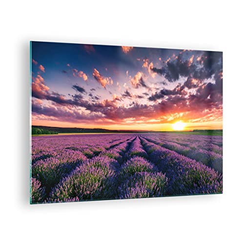 Bilder auf Glas Lavendel Berge Feld Glasbild 70x50cm Wandbilder Dekoration Wohnzimmer Schlafzimmer Küche Deko Klein Wanddeko Bild im Glas Wand Kunstdruck Art Modern Wall Decor Glasdruck GAA70x50-3816 von ARTTOR