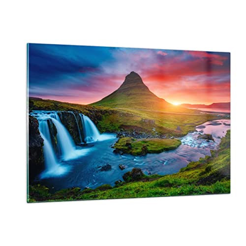 ARTTOR Wandbilder Dekoration Wohnzimmer Sonnenuntergang Wasserfall Island Vulkan Bilder auf Glas 120x80cm Glasbild Schlafzimmer Küche Deko Wand Kunstdruck Art Groß XXL Wanddeko Modern GAA120x80-2963 von ARTTOR