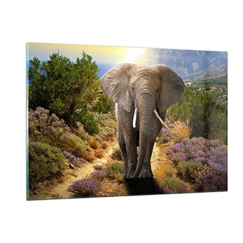 Wandbilder Dekoration Wohnzimmer Tiere Afrika Elefanten Spaziergang Bilder auf Glas 120x80cm Glasbild Schlafzimmer Küche Deko Wand Kunstdruck Art Groß XXL Wanddeko Bild im Glas Modern GAA120x80-2708 von ARTTOR