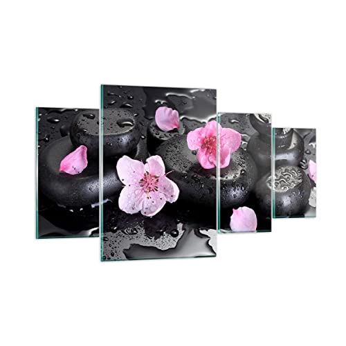 Mehrteilige Bilder auf Glas 160x90cm Glasbild Blumen Steine Tropfen Spa Groß XXL Wanddeko Schlafzimmer Küche Set 4 teilige Wandbilder Dekoration Wohnzimmer Modern Wand Kunstdruck Art GDL160x90-2714 von ARTTOR