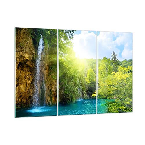 Mehrteilige Bilder auf Glas 165x110cm Glasbild Wasserfall Forrest Himmel Groß XXL Wanddeko Schlafzimmer Küche Set 3 teilige Wandbilder Dekoration Wohnzimmer Modern Wand Kunstdruck Art GCE165x110-0157 von ARTTOR