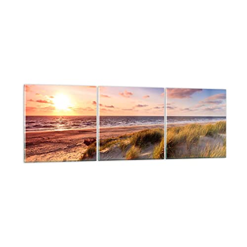 Mehrteilige Bilder auf Glas Meer Strand Düne Glasbild 90x30cm Wandbilder Dekoration Wohnzimmer Schlafzimmer Küche Set 3 teilige Klein Wanddeko Bild im Glas Wand Kunstdruck Art Modern GCA90x30-3540 von ARTTOR