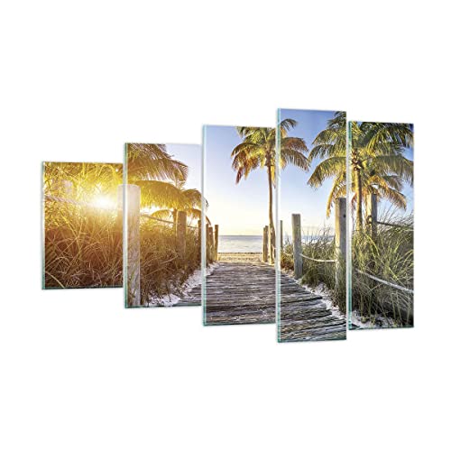 Mehrteilige Bilder auf Glas Strand Palmen Fußgängerbrücke Glasbild 100x60cm Wandbilder Dekoration Wohnzimmer Schlafzimmer Küche Set 5 teilige Groß Wanddeko Wand Kunstdruck Art Modern GEG100x60-4171 von ARTTOR