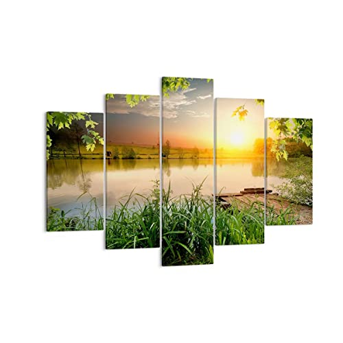 Mehrteilige Bilder auf Leinwand 150x100cm Leinwandbild Brücke See Groß XXL Wanddeko Bild Schlafzimmer Set 5 teilige Wandbilder Dekoration Wohnzimmer Decor Canvas Wand Kunstdruck Art EA150x100-3914 von ARTTOR