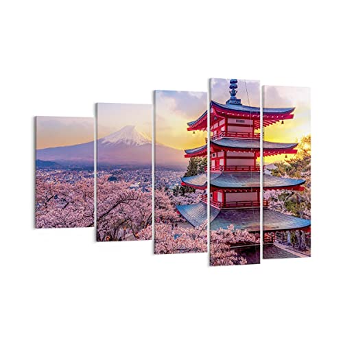 Mehrteilige Bilder auf Leinwand 150x100cm Leinwandbild Fuji Choreito Pagode Groß XXL Wanddeko Bild Schlafzimmer Set 5 teilige Wandbilder Dekoration Wohnzimmer Canvas Wand Kunstdruck Art EG150x100-4547 von ARTTOR