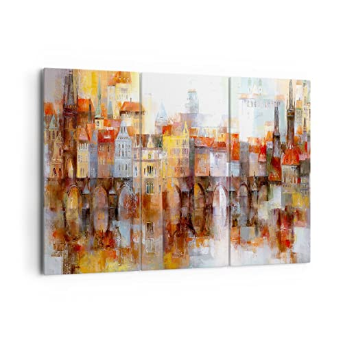 Mehrteilige Bilder auf Leinwand 165x110cm Leinwandbild Stadt Mietshaus Groß XXL Wanddeko Bild Schlafzimmer Set 3 teilige Wandbilder Dekoration Wohnzimmer Canvas Wand Kunstdruck Art CE165x110-3476 von ARTTOR