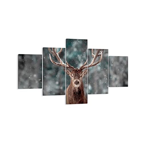 Mehrteilige Bilder auf Leinwand Hirsch Hirsch Winter Leinwandbild 125x70cm Wandbilder Dekoration Wohnzimmer Schlafzimmer Set 5 teilige Klein Wanddeko Bild Wand Kunstdruck Art Canvas EA125x70-4998 von ARTTOR