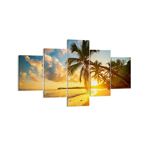 Mehrteilige Bilder auf Leinwand Meer Strand Palme Leinwandbild 125x70cm Wandbilder Dekoration Wohnzimmer Schlafzimmer Set 5 teilige Klein Wanddeko Bild Wand Kunstdruck Art Decor Canvas EA125x70-3922 von ARTTOR