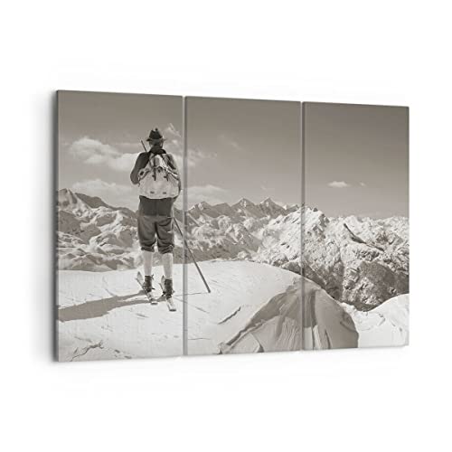 Mehrteilige Bilder auf Leinwand Skifahrer Bayern Sepia Leinwandbild 105x70cm Wandbilder Dekoration Wohnzimmer Schlafzimmer Set 3 teilige Groß Wanddeko Bild Wand Kunstdruck Art Canvas CE105x70-4192 von ARTTOR