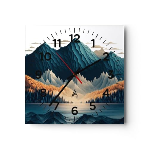 Modern Wanduhr 3D Berge Scharf 40x40cm Quadrat Groß Wand Uhr Glas Analog Zimmeruhren Küche Büro Wohnzimmer Glasuhr Wall Clock Dekoration Design Wanddekoration Küchenuhr C4AC40x40-5666 von ARTTOR