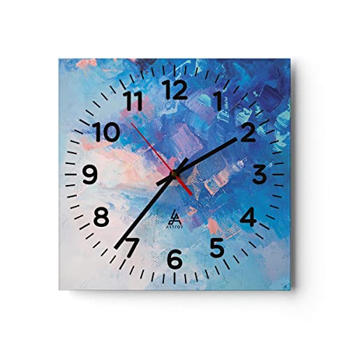 Modern Wanduhr Abstraktion blau gemalt 40x40cm Quadrat Groß Wand Uhr Glas Analog Zimmeruhren Küche Büro Wohnzimmer Glasuhr Wall Clock Dekoration Design Wanddekoration Küchenuhr C4AC40x40-4570 von ARTTOR