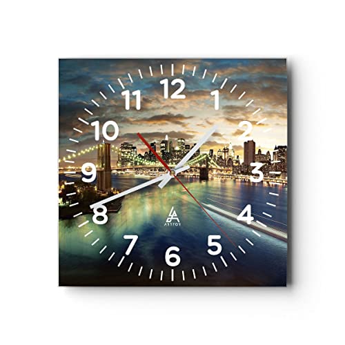 Modern Wanduhr Amerika Architektur New York 30x30cm Quadrat Klein Wand Uhr Glas Analog Zimmeruhren Küche Büro Wohnzimmer Glasuhr Wall Clock Dekoration Design Wanddekoration Küchenuhr C4AC30x30-0226 von ARTTOR