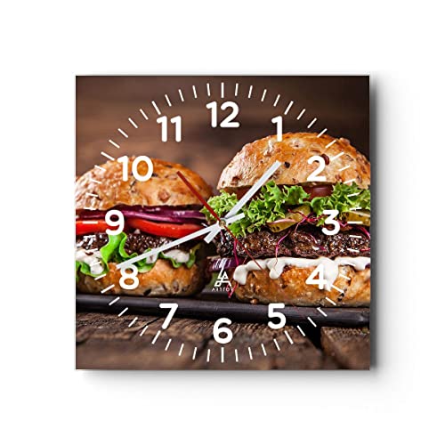 Modern Wanduhr Amerikaner Hamburger Essen Barbecue 30x30cm Quadrat Klein Wand Uhr Glas Analog Zimmeruhren Küche Büro Wohnzimmer Glasuhr Wall Clock Dekoration Design Küchenuhr C4AC30x30-2869 von ARTTOR