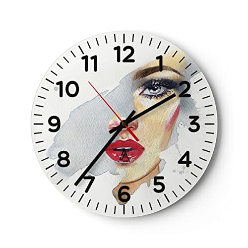 Modern Wanduhr Aquarell Frau Mund 40x40cm Rund Groß Wand Uhr Glas Analog Zimmeruhren Küche Büro Wohnzimmer Glasuhr Wall Clock Dekoration Design Wanddekoration Küchenuhr C4AR40x40-4891 von ARTTOR