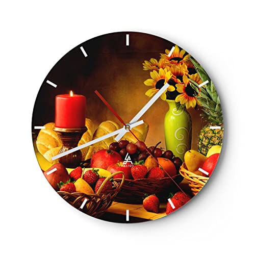 Modern Wanduhr Banane Korb Essen Früchte 30x30cm Rund Klein Wand Uhr Glas Analog Zimmeruhren Küche Büro Wohnzimmer Glasuhr Wall Clock Dekoration Design Wanddekoration Küchenuhr C3AR30x30-0462 von ARTTOR