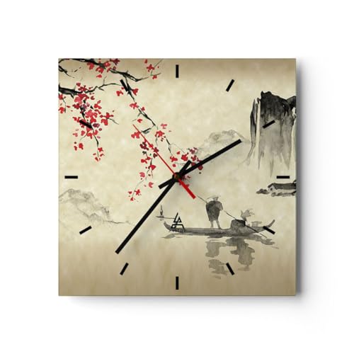 Modern Wanduhr Blume Kirschen Japan 30x30cm Quadrat Klein Wand Uhr Glas Analog Zimmeruhren Küche Büro Wohnzimmer Glasuhr Wall Clock Dekoration Design Wanddekoration Küchenuhr C3AC30x30-5020 von ARTTOR