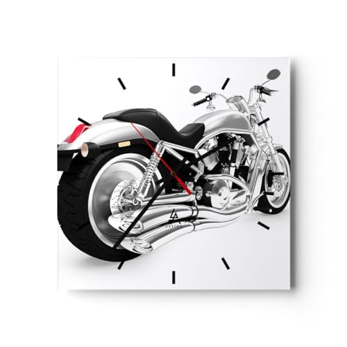 Modern Wanduhr Chopper Motorrad Chrom 30x30cm Quadrat Klein Wand Uhr Glas Analog Zimmeruhren Küche Büro Wohnzimmer Glasuhr Wall Clock Dekoration Design Wanddekoration Küchenuhr C3AC30x30-0476 von ARTTOR