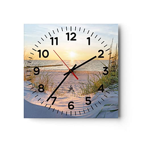 Modern Wanduhr Düne Strand Meer 30x30cm Quadrat Klein Wand Uhr Glas Analog Zimmeruhren Küche Büro Wohnzimmer Glasuhr Wall Clock Dekoration Design Wanddekoration Küchenuhr C4AC30x30-3989 von ARTTOR