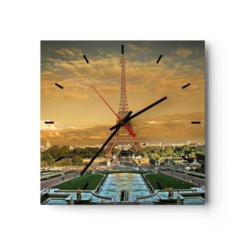 Modern Wanduhr Eiffelturm Frankreich Paris 30x30cm Quadrat Klein Wand Uhr Glas Analog Zimmeruhren Küche Büro Wohnzimmer Glasuhr Wall Clock Dekoration Design Wanddekoration Küchenuhr C3AC30x30-0435 von ARTTOR