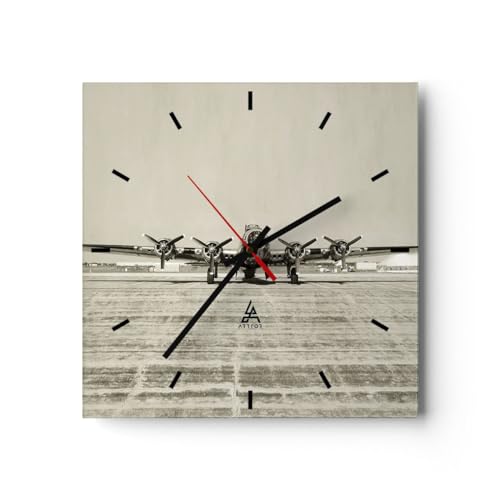 Modern Wanduhr Flugzeug alt Bomber 30x30cm Quadrat Klein Wand Uhr Glas Analog Zimmeruhren Küche Büro Wohnzimmer Glasuhr Wall Clock Dekoration Design Wanddekoration Küchenuhr C3AC30x30-4184 von ARTTOR