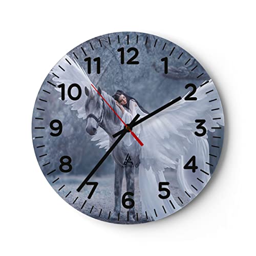 Modern Wanduhr Frau Pferd Natur 40x40cm Rund Groß Wand Uhr Glas Analog Zimmeruhren Küche Büro Wohnzimmer Glasuhr Wall Clock Dekoration Design Wanddekoration Küchenuhr C4AR40x40-3998 von ARTTOR