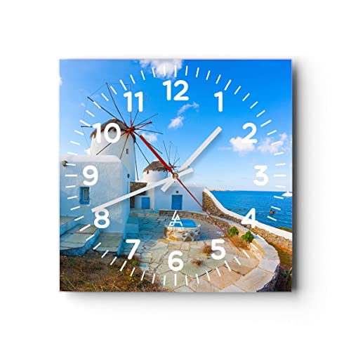 Modern Wanduhr Griechenland Insel Küste Haus 30x30cm Quadrat Klein Wand Uhr Glas Analog Zimmeruhren Küche Büro Wohnzimmer Glasuhr Wall Clock Dekoration Design Wanddekoration Küchenuhr C4AC30x30-2424 von ARTTOR