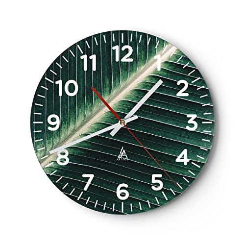 Modern Wanduhr Grün Blatt Tropisch 40x40cm Rund Groß Wand Uhr Glas Analog Zimmeruhren Küche Büro Wohnzimmer Glasuhr Wall Clock Dekoration Design Wanddekoration Küchenuhr C4AR40x40-4126 von ARTTOR