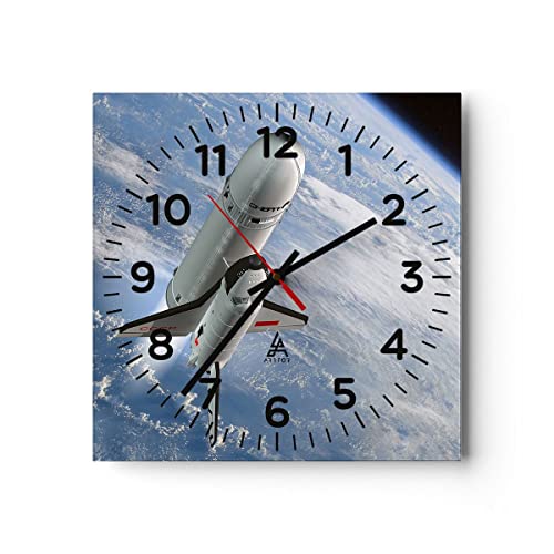 Modern Wanduhr Himmel Rakete Kosmos Planet 30x30cm Quadrat Klein Wand Uhr Glas Analog Zimmeruhren Küche Büro Wohnzimmer Glasuhr Wall Clock Dekoration Design Wanddekoration Küchenuhr C4AC30x30-0496 von ARTTOR