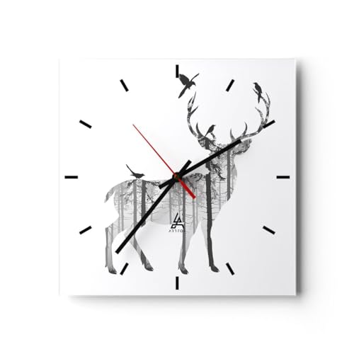 Modern Wanduhr Hirsch Herbst Wald Illustration 30x30cm Quadrat Klein Wand Uhr Glas Analog Zimmeruhren Küche Büro Wohnzimmer Glasuhr Wall Clock Dekoration Design Wanddekoration Küchenuhr C3AC30x30-3159 von ARTTOR