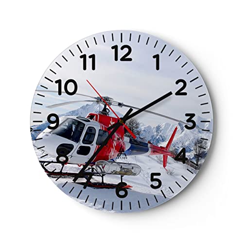 Modern Wanduhr Hubschrauber Berge Gipfel Winter 40x40cm Rund Groß Wand Uhr Glas Analog Zimmeruhren Küche Büro Wohnzimmer Glasuhr Wall Clock Dekoration Design Wanddekoration Küchenuhr C4AR40x40-1572 von ARTTOR