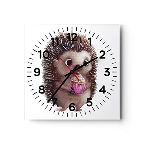 Modern Wanduhr Igel Cupcake Kinder 30x30cm Quadrat Klein Wand Uhr Glas Analog Zimmeruhren Küche Büro Wohnzimmer Glasuhr Wall Clock Dekoration Design Wanddekoration Küchenuhr C4AC30x30-4769 von ARTTOR