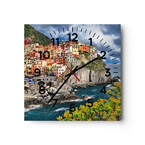 Modern Wanduhr Italien küste felsen Landschaft 40x40cm Quadrat Groß Wand Uhr Glas Analog Zimmeruhren Küche Büro Wohnzimmer Glasuhr Wall Clock Dekoration Design Wanddekoration Küchenuhr C4AC40x40-2710 von ARTTOR