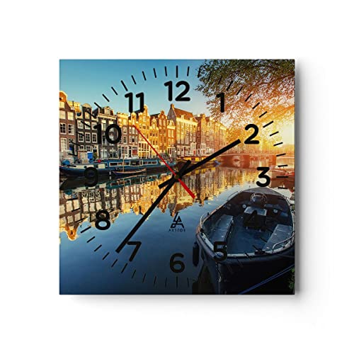 Modern Wanduhr Kanal Boot Amsterdam Wasser 30x30cm Quadrat Klein Wand Uhr Glas Analog Zimmeruhren Küche Büro Wohnzimmer Glasuhr Wall Clock Dekoration Design Wanddekoration Küchenuhr C4AC30x30-2857 von ARTTOR