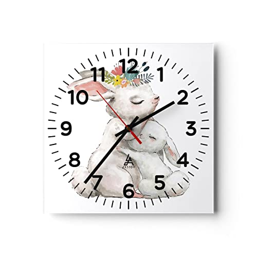 Modern Wanduhr Kaninchen Hase Kinder 30x30cm Quadrat Klein Wand Uhr Glas Analog Zimmeruhren Küche Büro Wohnzimmer Glasuhr Wall Clock Dekoration Design Wanddekoration Küchenuhr C4AC30x30-4725 von ARTTOR