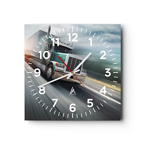 Modern Wanduhr LKW Straße schnell 40x40cm Quadrat Groß Wand Uhr Glas Analog Zimmeruhren Küche Büro Wohnzimmer Glasuhr Wall Clock Dekoration Design Wanddekoration Küchenuhr C4AC40x40-0182 von ARTTOR