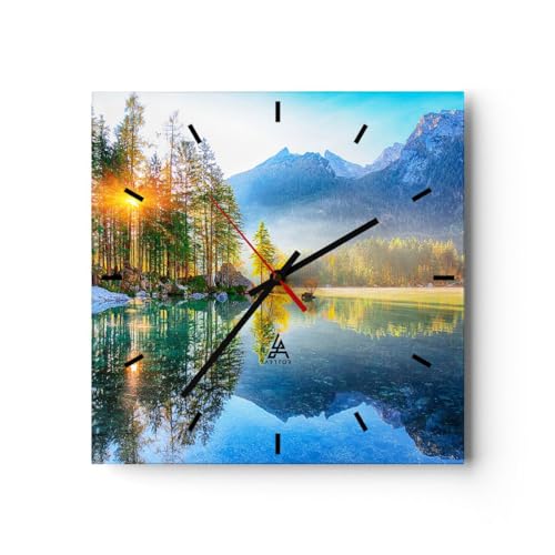 Modern Wanduhr Landschaft Alpen Berge 30x30cm Quadrat Klein Wand Uhr Glas Analog Zimmeruhren Küche Büro Wohnzimmer Glasuhr Wall Clock Dekoration Design Wanddekoration Küchenuhr C3AC30x30-5307 von ARTTOR