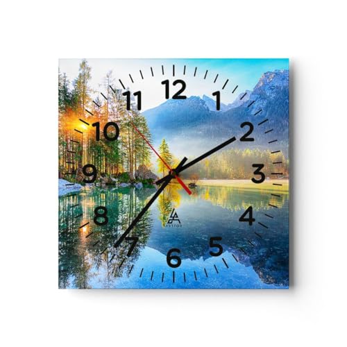 Modern Wanduhr Landschaft Alpen Berge 30x30cm Quadrat Klein Wand Uhr Glas Analog Zimmeruhren Küche Büro Wohnzimmer Glasuhr Wall Clock Dekoration Design Wanddekoration Küchenuhr C4AC30x30-5307 von ARTTOR