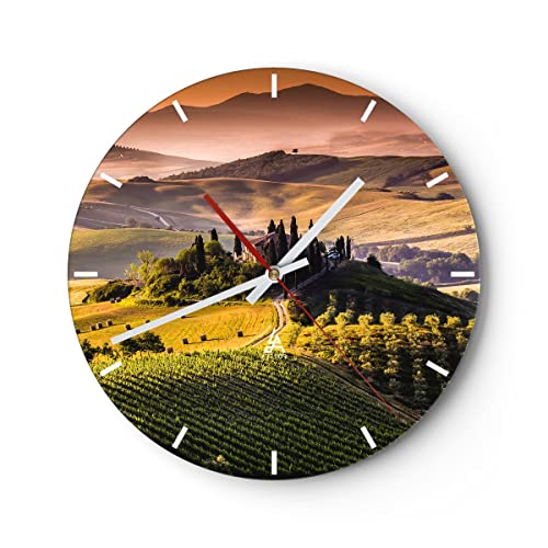 Modern Wanduhr Landwirtschaft Bauernhof Toskana Weinberg 30x30cm Rund Klein Wand Uhr Glas Analog Zimmeruhren Küche Büro Wohnzimmer Glasuhr Wall Clock Dekoration Design Küchenuhr C3AR30x30-2465 von ARTTOR