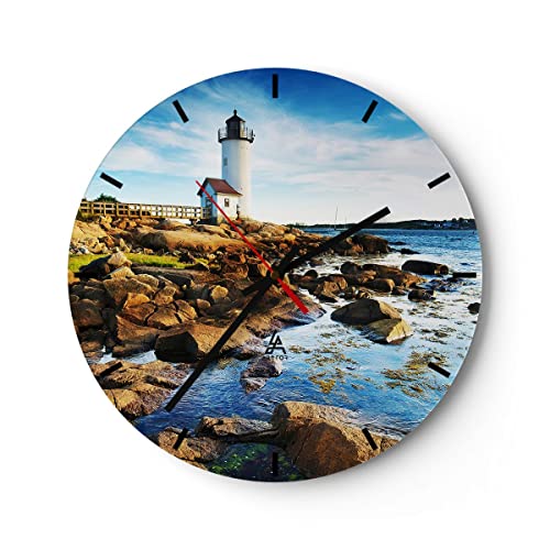 Modern Wanduhr Leuchtturm Ufer Wolke Landschaft 40x40cm Rund Groß Wand Uhr Glas Analog Zimmeruhren Küche Büro Wohnzimmer Glasuhr Wall Clock Dekoration Design Wanddekoration Küchenuhr C3AR40x40-2973 von ARTTOR