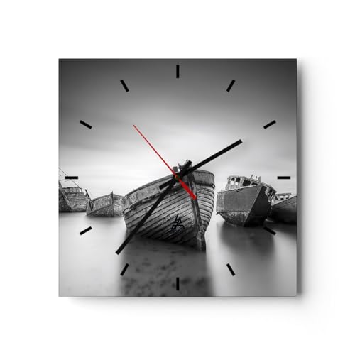 Modern Wanduhr Łódź Wrack Schiff 30x30cm Quadrat Klein Wand Uhr Glas Analog Zimmeruhren Küche Büro Wohnzimmer Glasuhr Wall Clock Dekoration Design Wanddekoration Küchenuhr C3AC30x30-4999 von ARTTOR