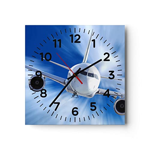 Modern Wanduhr Luftfahrt Flugzeug Flug 30x30cm Quadrat Klein Wand Uhr Glas Analog Zimmeruhren Küche Büro Wohnzimmer Glasuhr Wall Clock Dekoration Design Wanddekoration Küchenuhr C4AC30x30-2537 von ARTTOR