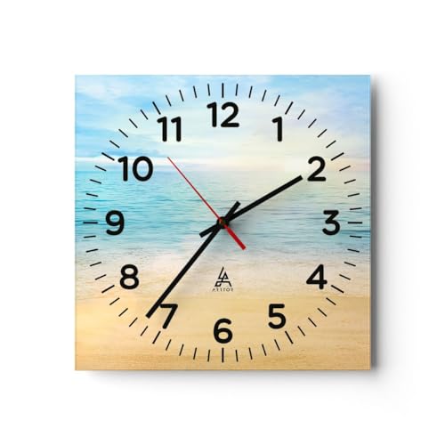 Modern Wanduhr Meer Sicht Strand 30x30cm Quadrat Klein Wand Uhr Glas Analog Zimmeruhren Küche Büro Wohnzimmer Glasuhr Wall Clock Dekoration Design Wanddekoration Küchenuhr C4AC30x30-5195 von ARTTOR