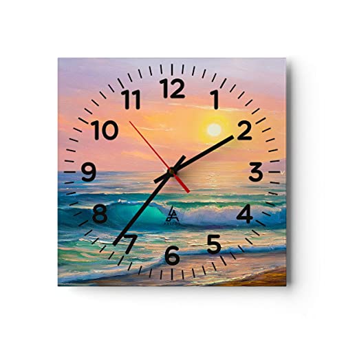 Modern Wanduhr Meer Welle Ufer 30x30cm Quadrat Klein Wand Uhr Glas Analog Zimmeruhren Küche Büro Wohnzimmer Glasuhr Wall Clock Dekoration Design Wanddekoration Küchenuhr C4AC30x30-3915 von ARTTOR