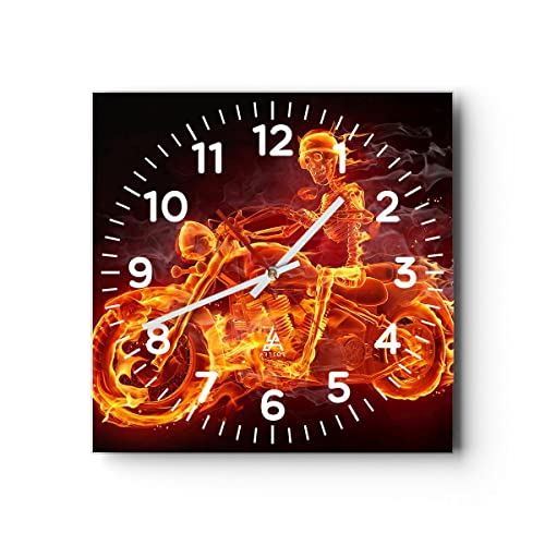 Modern Wanduhr Motorrad Flammen Skelett 30x30cm Quadrat Klein Wand Uhr Glas Analog Zimmeruhren Küche Büro Wohnzimmer Glasuhr Wall Clock Dekoration Design Wanddekoration Küchenuhr C4AC30x30-2652 von ARTTOR