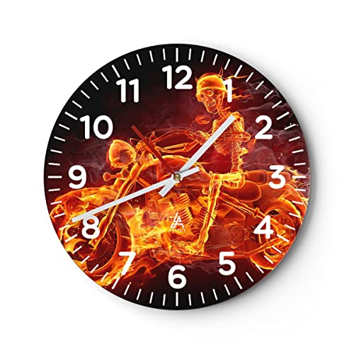 Modern Wanduhr Motorrad Flammen Skelett 30x30cm Rund Klein Wand Uhr Glas Analog Zimmeruhren Küche Büro Wohnzimmer Glasuhr Wall Clock Dekoration Design Wanddekoration Küchenuhr C4AR30x30-2652 von ARTTOR