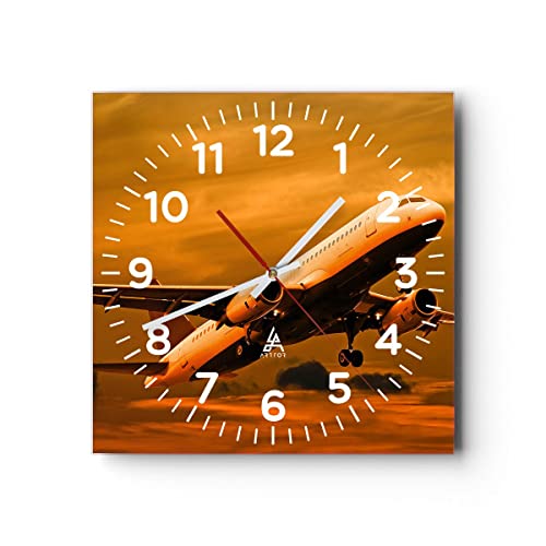 Modern Wanduhr Passagier Flugzeug Flugzeug Flügel 30x30cm Quadrat Klein Wand Uhr Glas Analog Zimmeruhren Küche Büro Wohnzimmer Glasuhr Wall Clock Dekoration Design Küchenuhr C4AC30x30-0368 von ARTTOR