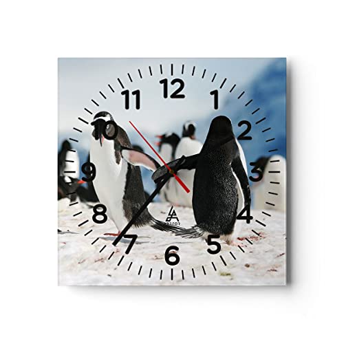 Modern Wanduhr Pinguine Winter Natur Schnee 30x30cm Quadrat Klein Wand Uhr Glas Analog Zimmeruhren Küche Büro Wohnzimmer Glasuhr Wall Clock Dekoration Design Wanddekoration Küchenuhr C4AC30x30-2974 von ARTTOR